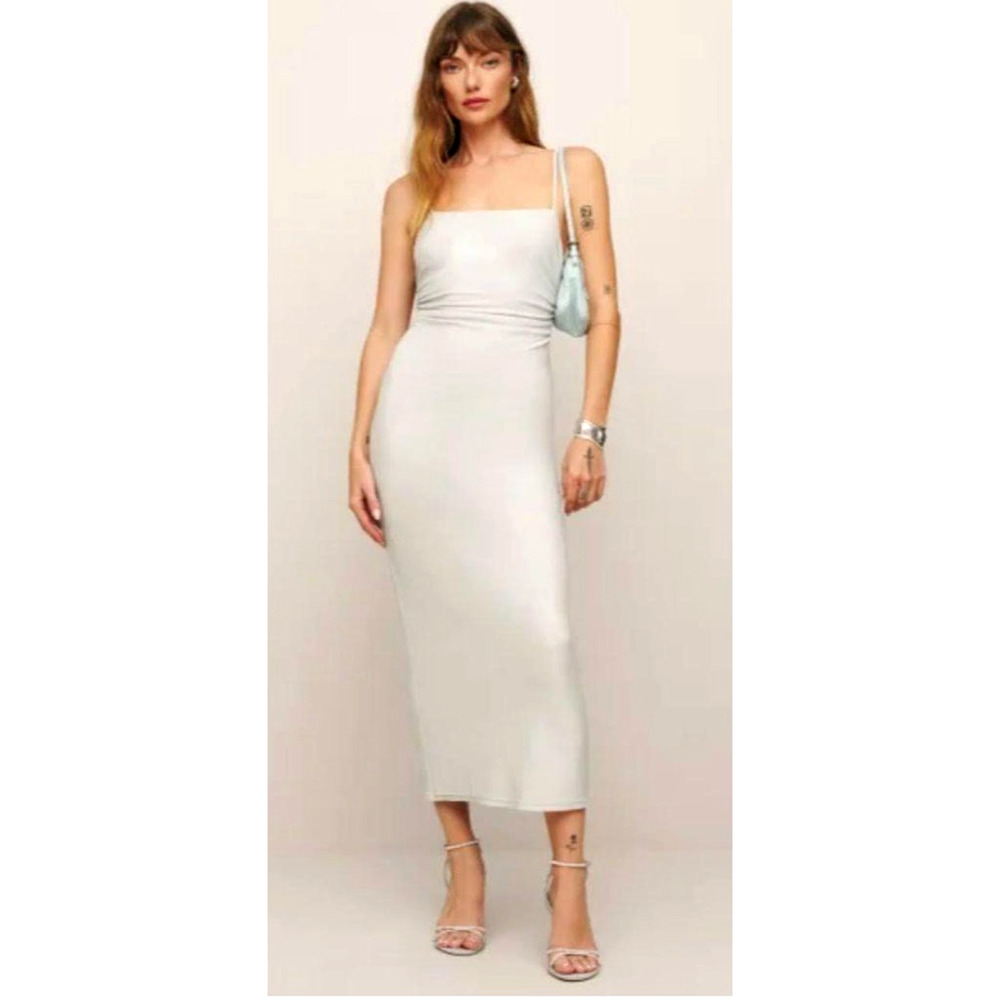 Reformation L Silver Stretch Knit Breslin Midi Dress $198 Low Back NWT